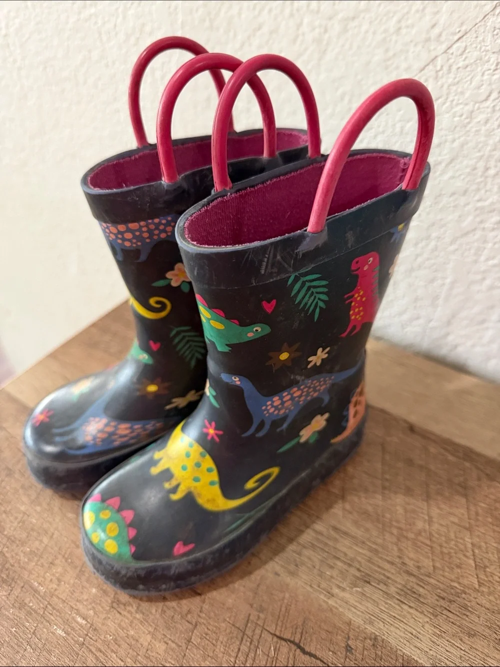 Kids Black Rain Boots with Colorful Dinosaur Print and Pink Trim